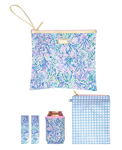 Lilly Pulitzer Water Resistant Vinyl Beach Day Pouch, Zipper Bag Includes Drink Hugger, Small Pouch, and Towel Clips