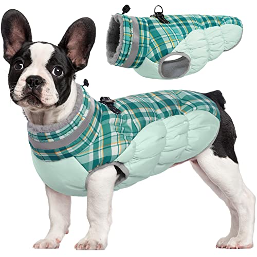 FUAMEY Dog Coat for Small Dogs,Waterproof Dog Winter Jacket with Harness Built in Puppy Cold Weather Coats Reflective Pet Vest with Zipper Warm Fleece Dogs Snowsuit Windproof Green Plaid XS