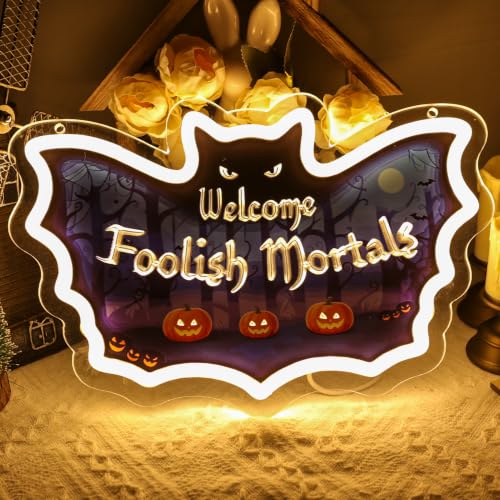 Image of Welcome Foolish Mortals Neon Sign Halloween Bat LED for Wall Decor Spooky Gothic Haunted Mansion Decor for Halloween Party Man Cave Home Bar Haunted House Gifts
