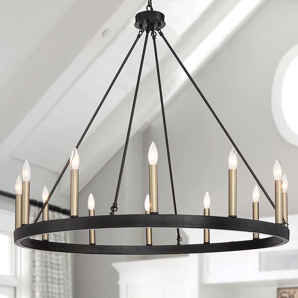 Vanity Art 12 Lights Wagon Wheel Chandelier Lighting Farmhouse Candle Ceiling Light Fixtures for Living Room Kitchen Dining Room (Black+BrassDust) VA10552BK-BD