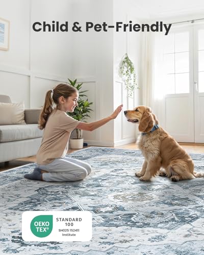 AMADA HOMEFURNISHING 9x12 Area Rug, Washable Low-Profile Large Area Rug with Non-Slip Backing & Durable Edge Binding, Vintage Large Rugs for Living Room, Bedroom