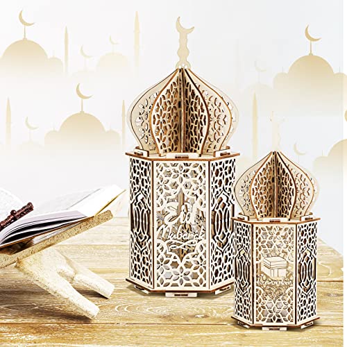 5 Pieces EID Decorations Ramadan Kareem Tabletop Ornaments LED Ramadan Lanterns 3D Handmade Wooden Moon Star Eid Mubarak Ornaments for Home Party Supplies, 5 Patterns - Image 7