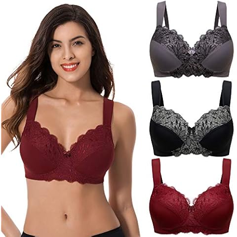 Curve Muse Plus Size Unlined Minimizer Wirefree Bras with Embroidery Lace-3Pack-Burgundy,Black,Grey-38D Cover