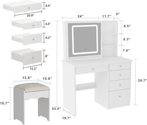 Miniatura 7 de Homsee Juego de escritorio de tocador de 39.4 pulgadas de largo, mesa de maquillaje con espejo grande iluminado, tocador con 5 cajones, estantes de