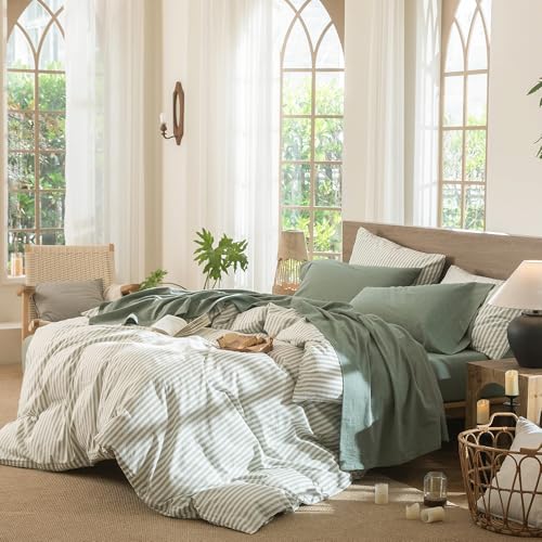 Image of MooMee Sheet Set 100% Washed Cotton Linen-Like Extra Deep Pocket King | Relaxed Linen-like Texture. Soft, Breathable & Lightweight Comfort. 15-19 inch Extra Deep Pocket with All-around Elastic
