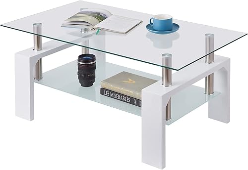 POULEII Mesa auxiliar rectangular de cristal mesa de té mesa auxiliar moderna con estante inferior adecuada para sala de estar mesas centrales de 2