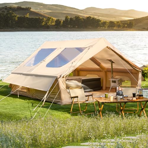 YOLENY 13 x 10 FT Inflatable Camping Tent, Glamping Tents Easy Setup 4 Season Windproof Outdoor Tent with Stove Jack & Mesh Windows & Pump