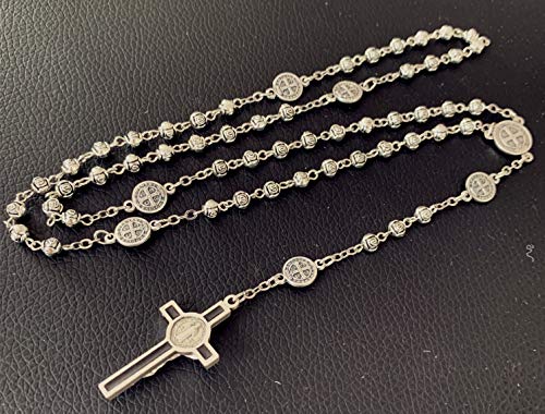 elegantmedical Handmade Silver Rose Beads St. Benedict Rosary Catholic Necklace Crucifix Cross Jerusalem
