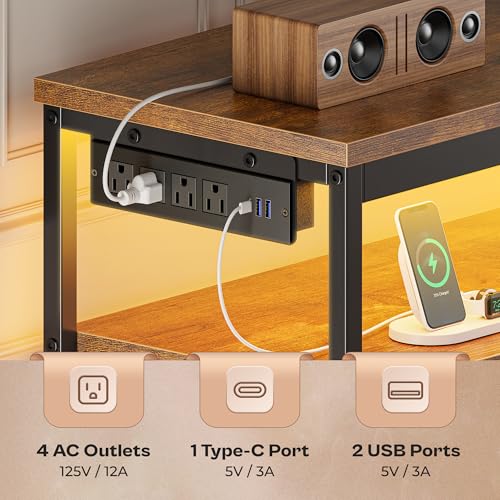 Huuger LED TV Stand for Bedroom, 55 Inch Fabric Dresser with Power Outlets, Entertainment Center for 60, 55 Inch TV, 6 Drawer Dresser for Bedroom, Chest of Drawers with Shlef, PU Leather, Rustic Brown