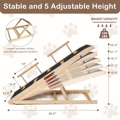 Dog Ramp for Bed, Non-Slip Pet Ramp with 5 Adjustable Heights, Portable Foldable Wooden 40" Long Pet Stairs for Small & Large Old Dogs & Cats - Lightweight & Easy Storage - Image 6