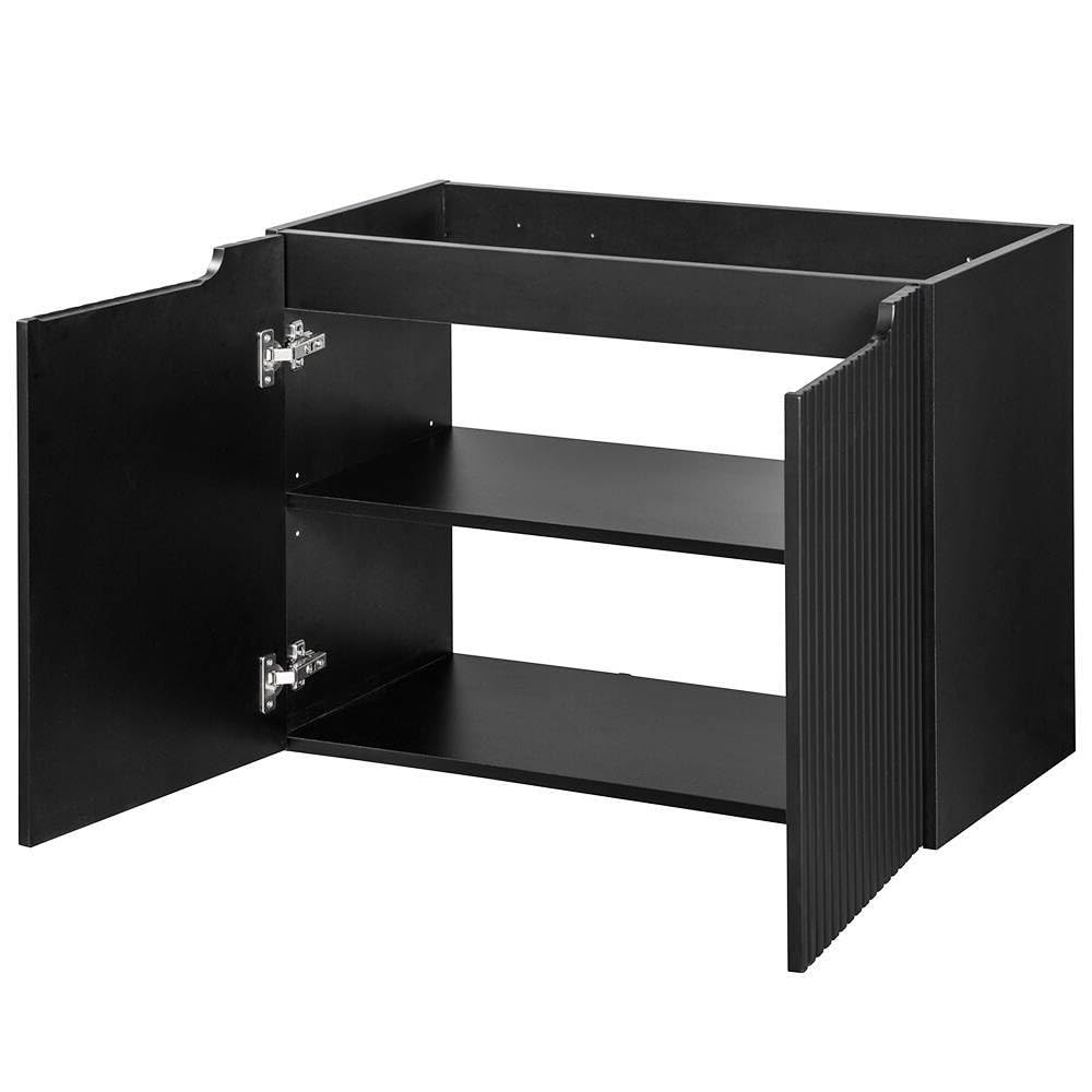 [en.casa] Conjunto Mueble de Baño con Lavabo Ovalado Newport Armario Bajo Baño Suspendido con 2 Puertas y Encimera 1 Lavabo de Cerámica Aglomerado 80x71x40 cm - Negro/Efecto Roble