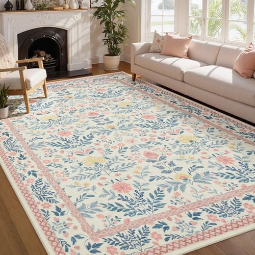 Joydeco Boho Floral Light Pink 5x7 Area Rugs for Bedroom