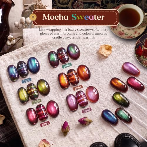 Image of Beetles Mocha Sweater Cat Eye Gel Nail Polish Set, 6 Colors 9ml Fall Gel | Brown-Based Iridescent Cat Eye Gel Kit Magnetic Effect, Button Charms & Star Stickers & Magnet, Soak Off UV Salon at Home