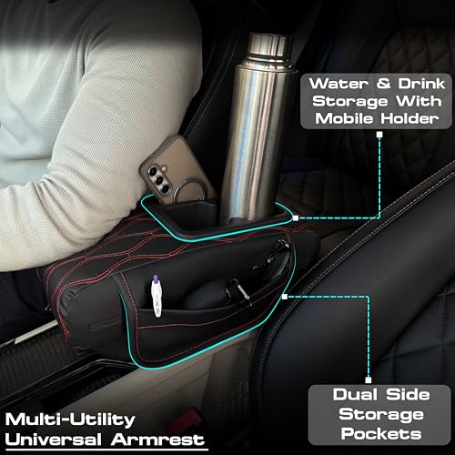 Image of Carigiri Nappa Leatherette,Foam ComfiRest Pro Car Armrest Cushion with Cup Holder| Arm Cushion| Universal for All Cars|Armrest with Mobile Holder (Red,Utility Pockets,Dual Cup Holder,Mobile Holder)