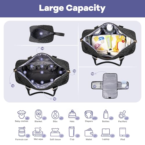 Iniuniu Large Diaper Bag Tote Black for Mommy Multi-Function Travel Waterproof Changed Pad Cosmetics Bag