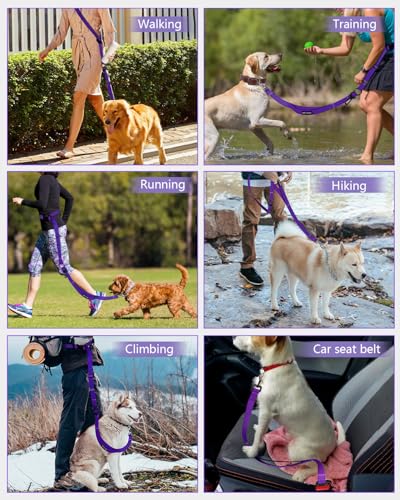WANFIRE Freihändige Hundeleine, robuste Lange Hundeleine,erwicklungsfreie, reflektierende Hüftleine, reflektierende Hüftleine with Safety Buckle for Medium & Large Dogs Running,Training (Lila)