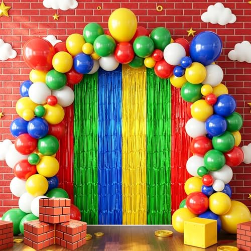 Red Yellow Blue Green Balloon Arch Garland Kit Birthday Party Decorations Video Game Foil Fringe Backdrop Tinsel Streamers Banner Photo Booth Props Cartoon Gaming Theme Party Decor Supplies Favors