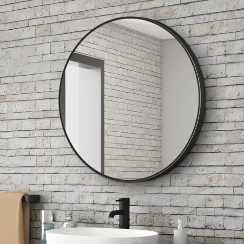 34inch Bathroom Round Mirror,Wall Mounted Vanity Mirror,Steel Frame,Black,Steel Frame - Image 4
