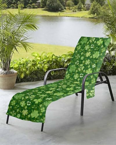 St. Patrick's Day Beach Chair Towel Covers for Chaise Lounge With Side Pocket, Soft Plush Pool Towels Cover for Patio Sunbathing Outdoor 29''x85'' Buffalo Plaid Plant Spring Green Holiday