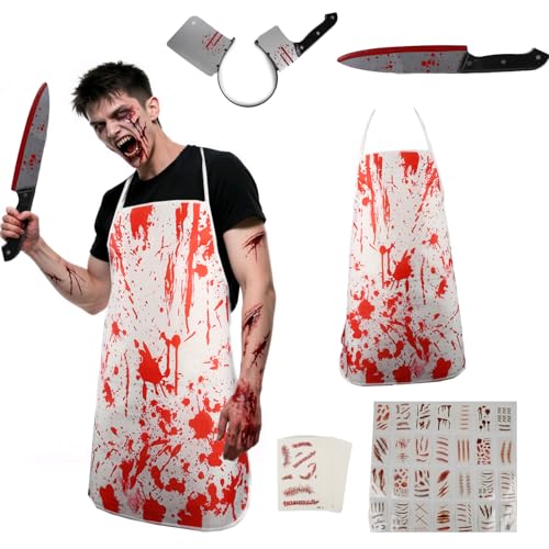 Atsmoce Disfraz Carnicero Halloween, Disfraz Carnicero Sangriento, con delantal ensangrentado y accesorios de terror, tatuaje de 30 cicatrices, disfraz espeluznante y sangriento, unisex
