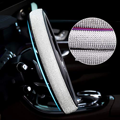 MLOVESIE Leather Steering Wheel Cover with Crystal Bling Bling Rhinestones for Girls,Lady Universal Fit 38cm (Black)