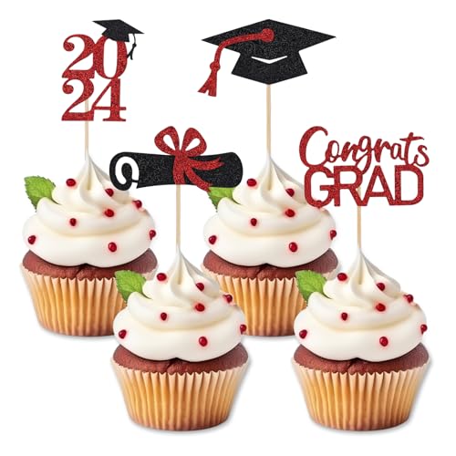 XIHIRCD 36pcs Graduation Cupcake Toppers 2024, Glitter Grad Cap Diploma Cupcake Toppers 2024 Graduation Party Supplies Decorations for Graduation Themed Ceremony Birthday Party (Red)