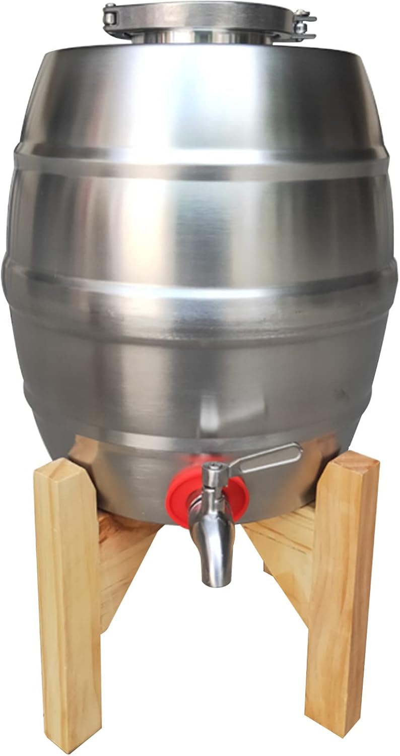 Dispensador de Barril de Vino de Acero Inoxidable 304 con Soporte de Madera, Barril a Prueba de Fugas para Cerveza, Leche, Aceite y Bebidas, con Grifo. (10L)