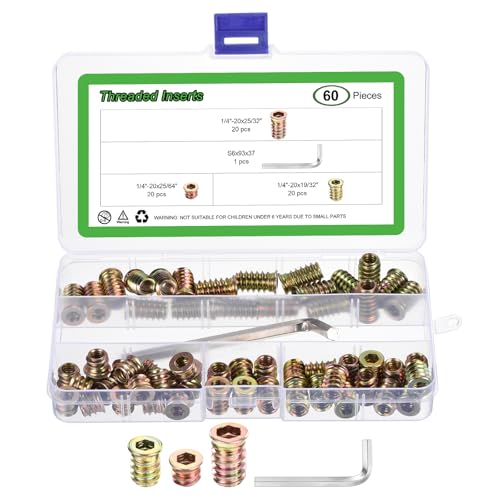 uxcell 60Pcs 3 Sizes Threaded Inserts Nuts, Zinc Alloy Hex Socket Drive Screw-in Nut Threaded Inserts with 1Pcs Hex Wrench, Wood Inserts Bolt Assortment Kit for Wood Furniture