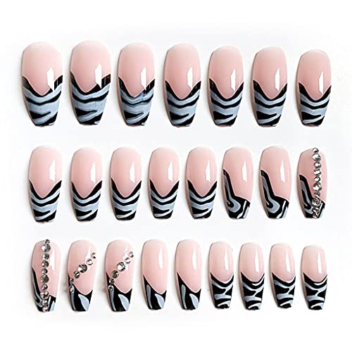 RikView French Press on Nails Long Fake Nails Coffin Nails White & Black Nails with Zebra Design