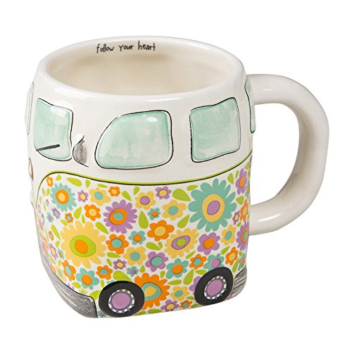 Natural Life Camper Van Folk Mug - 16 oz, Fun, Cute, 3D Ceramic Retro Bus Mug With Handle for Coffee, Tea, More