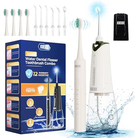 KUEIOX Electric Toothbrush with Water Cordless Flosser, 320ML Portable Travel Water Dental Flosser for Teeth with 5 Modes & 6 Jet Tips & IPX7 Waterproof for Teeth Cleaning and flossing (White) Cover