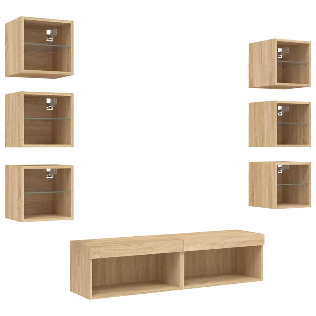 8-TLG. Wohnwand Sonoma Roble Holzwerkstoff, Wandmontage RGB-LED-Beleuchtung Stauraum für Wohnzimmer, Medien & Bücher 30x28,5x30cm, Feuchtigkeitsbeständig
