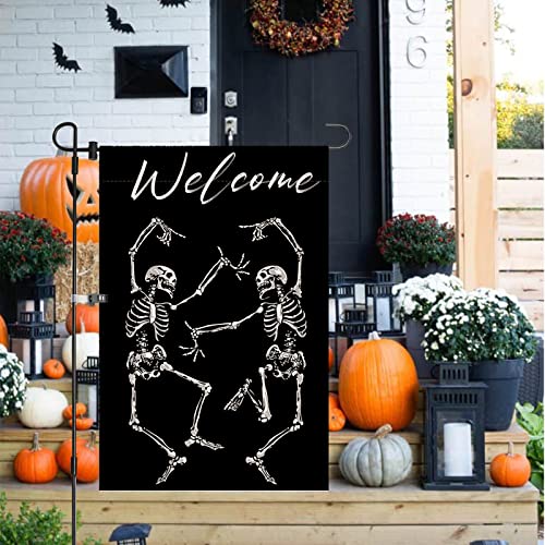 Welcome Halloween Garden Flags 12 X 18 Inch Double Sided Burlap Yard Decor Skeleton Garden Flag For Outdoor #TOP3