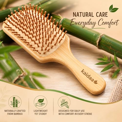 Image of KAIDAA Neem Bamboo Wooden Hair Brush Soaked in Amla & Bhringraj oil | Anti-Static Detangling Brush