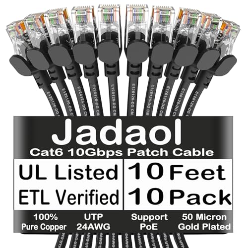 Jadaol Cat 6 Ethernet Cable 10ft 10Pack, Outdoor&amp;Indoor, 10Gbps Support Cat8/7 Network, 24AWG Pure Copper Patch LAN Cord, Direct Burial Waterproof UV Resistant for Router, Modem, Switch, Server, Black
