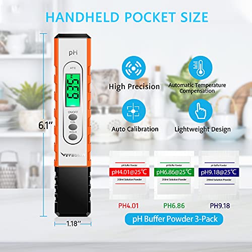 vivosun ph meter digital ph tester pen 001 high accuracy water quality tester with 0-14 ph measurement range for hydroponics household drinking pool and aquarium with atc orange