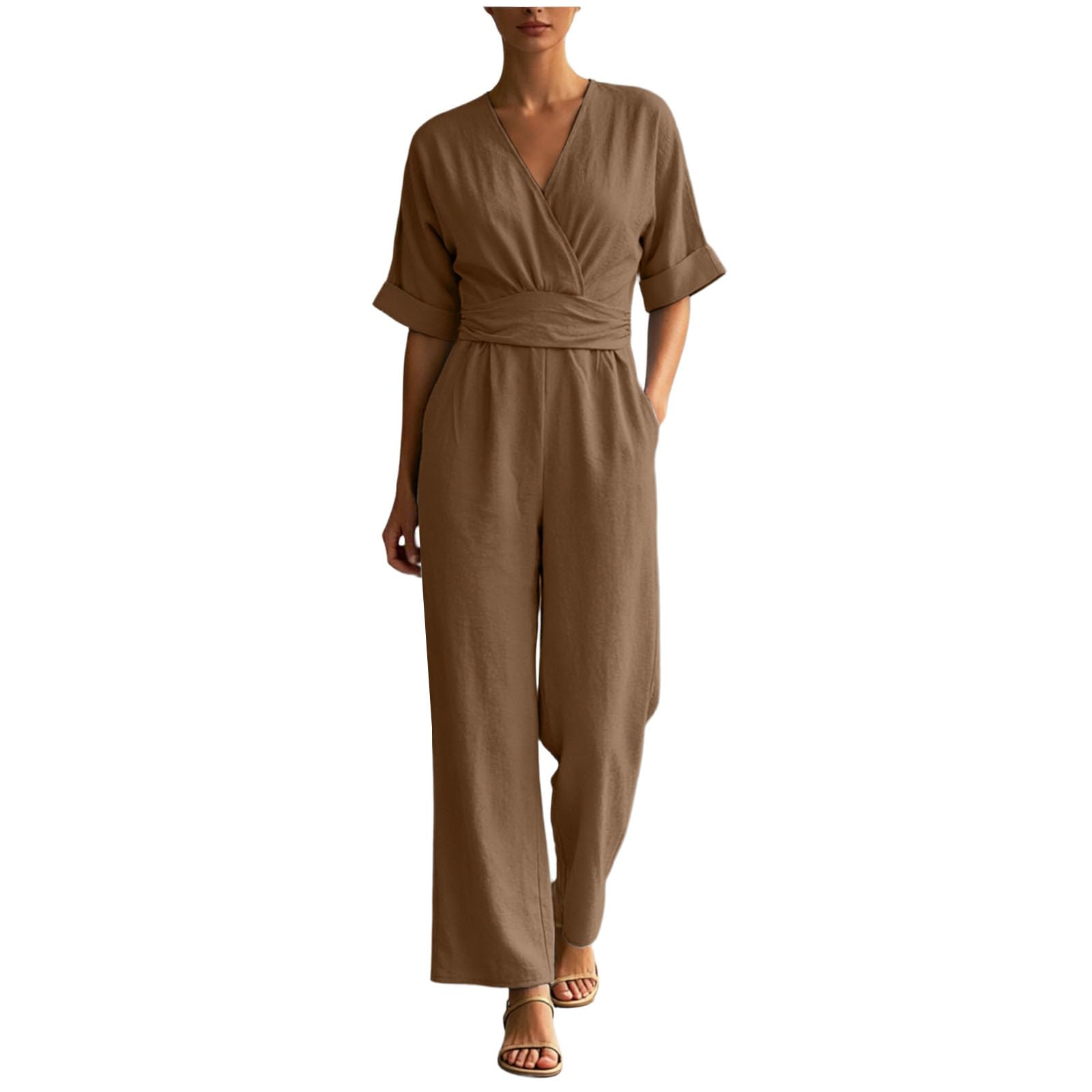 Monos Mujer Verano Jumpsuit Elegante Cuello en V Color Sólido Mono que realza la cintura Mono Mujer Casual Manga Corta con Bolsillos Holgado Clásico Palazzo Casual Sueltos Rompers con Bolsillos