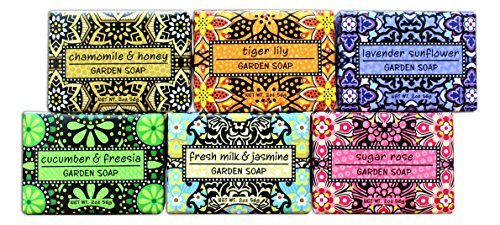 Bundle of 6 Greenwich Bay Garden Sampler Soaps - 2oz Soaps in The Following Scents: Fresh Milk & Jasmine, Tiger Lily, Sugar Rose, Chamomile & Honey, Lavender Sunflower, and Cucumber & Freesia