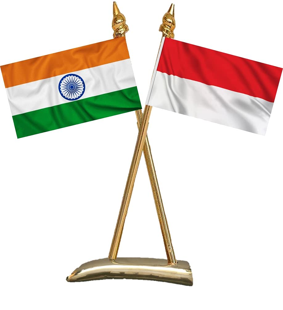 UNIq International Countries Miniature Double Sided Flags made of 100% Special Silk Fabric (Warp-Knitted Polyester) with Criss-Cross Classy Brass Base Flag Table Stand (India & Indonesia)