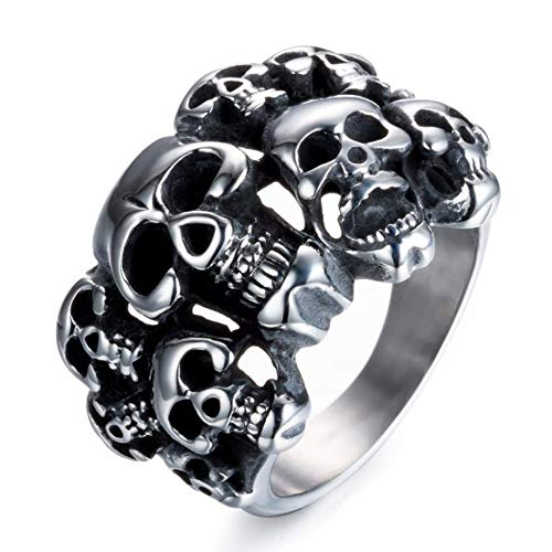 Men's Vintage Fashion Classic Gothic Embossed Skull Biker Stainless Steel Ring Band Silver Black Size 7-13 (US code 9)