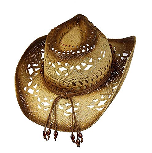 Men's & Women's Western Style Cowboy/Cowgirl Toyo Straw Hat (Tea Stain-Brown/Beads) #TOP3