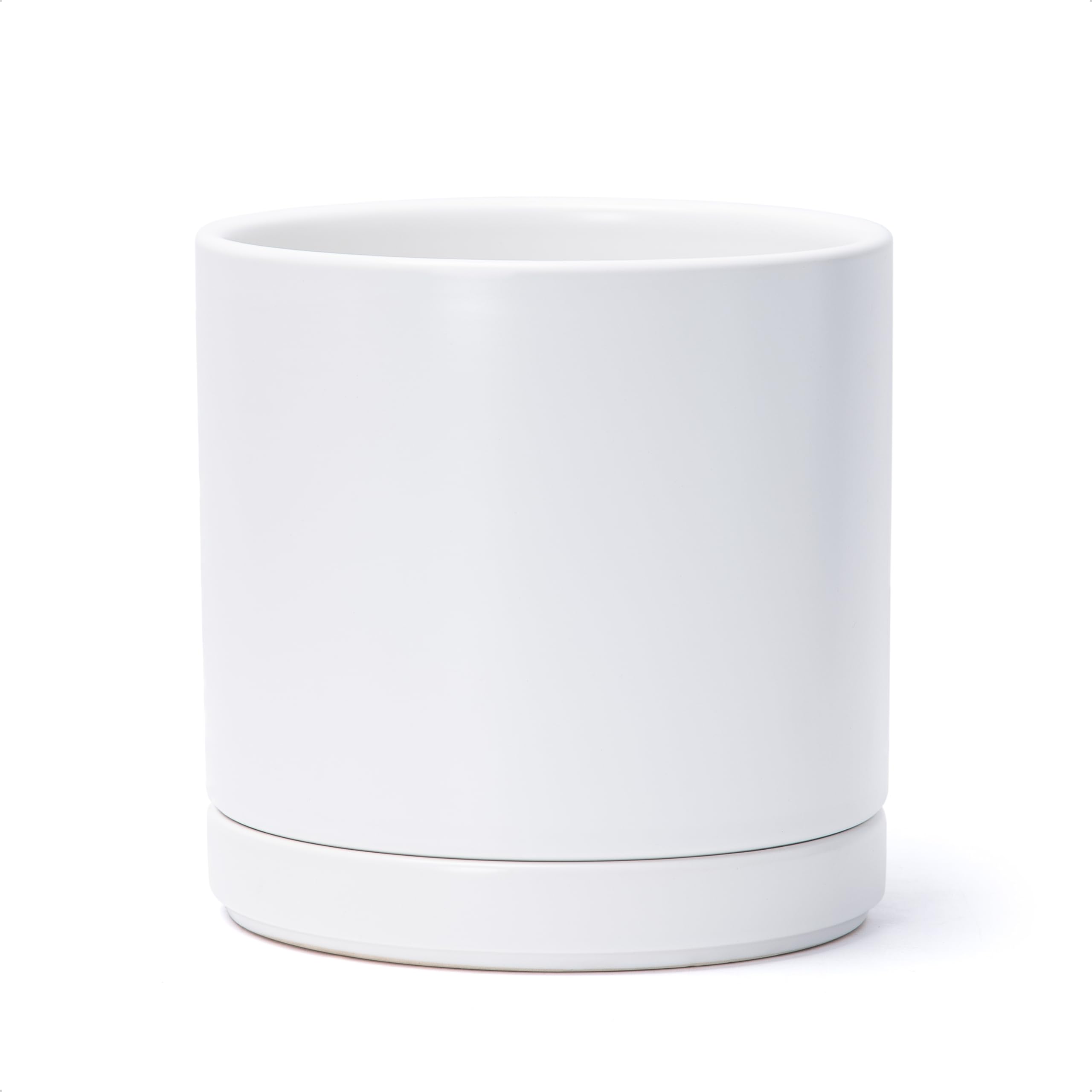 D'vine Dev 8 Inch Ceramic Planter Pot with Drainage Hole and Saucer, Indoor Cylinder Round Planter Pot, White, 94-O-D-1 — image 1
