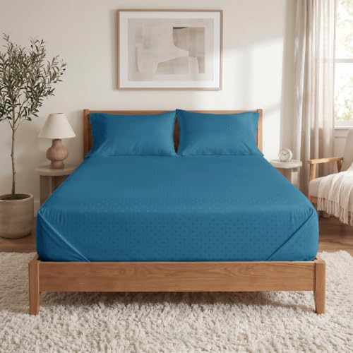 Image of Blue Dahlia 100% Cotton, King Size /Double, Bedsheet (108 inch x 108 inch) + 2 Pillow Covers, Silky Smooth Feel, 300TC Dotted Premium Bedsheet, Colour: Azure Blue Navy