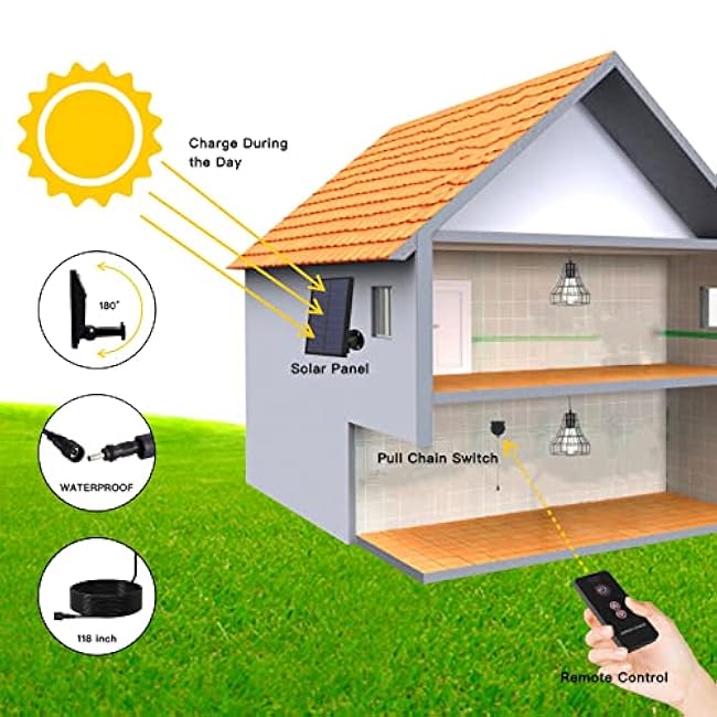 Solar Pendant Lights, Solar Powered Shed Light with Pull Cord and Remote for Outdoor Indoor, Solar Chandelier, Gazebo Lights with Adjustable Solar Panel for Yard Patio Balcony Barn Garage