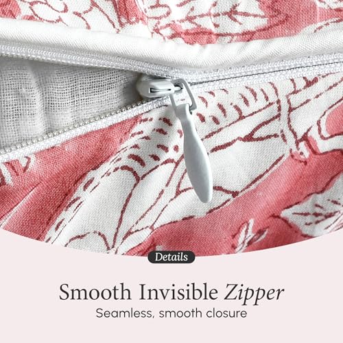 CPC 100% Cotton Throw Pillow Covers 18x18 Inch, Set of 2 Pink Block Print Pattern Couch Pillow, Cute Boho Decorative Pillows for Living Room, Bedroom with Hidden Zipper- Coral Pink