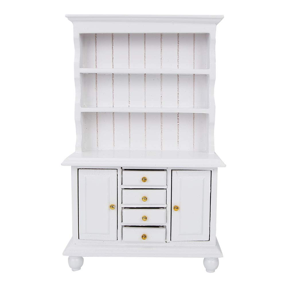 Doll House Cabinet, Wooden Three Layers Mini Cabinet Simulation Furniture, 1:12 Doll House Accessories (White)