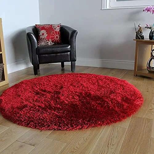 Image of Premium Microfiber Soft Red Shag Rug 8x8 Feet Round Featuring Dense Fluffy Texture, Anti Skid Support and Durable Handmade Quality for Living Room, Bedroom and Hallway