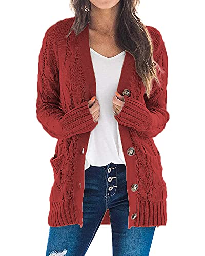 Maavoki Cárdigan de punto largo para mujer, elegante, con frente abierto, de punto grueso, de manga larga, con botones y bolsillos, rojo, L