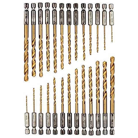 26 Piece Titanium Drill Bit Set, hex Shank high Speed Steel Drill bits, 1.5-6.5mm High Speed Steel,Titanium Coated HSS Drill Bit Set, Quick Change, 1/4" Hex Shank Cover