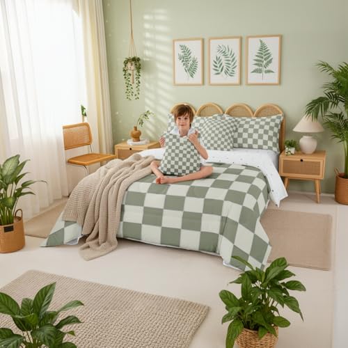 Image of Erosebridal Plaid Queen Comforter Set 7 Piece Beige Sage Green Checkerboard Bed in A Bag with Sheets Geometric Checkered Bedding Set for Kids Boys Girls,Aesthetic Grid Bed Set